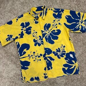 Reyn Spooner Hibiscus Floral Hawaiian Button Shirt Men Size Medium Yellow Blue